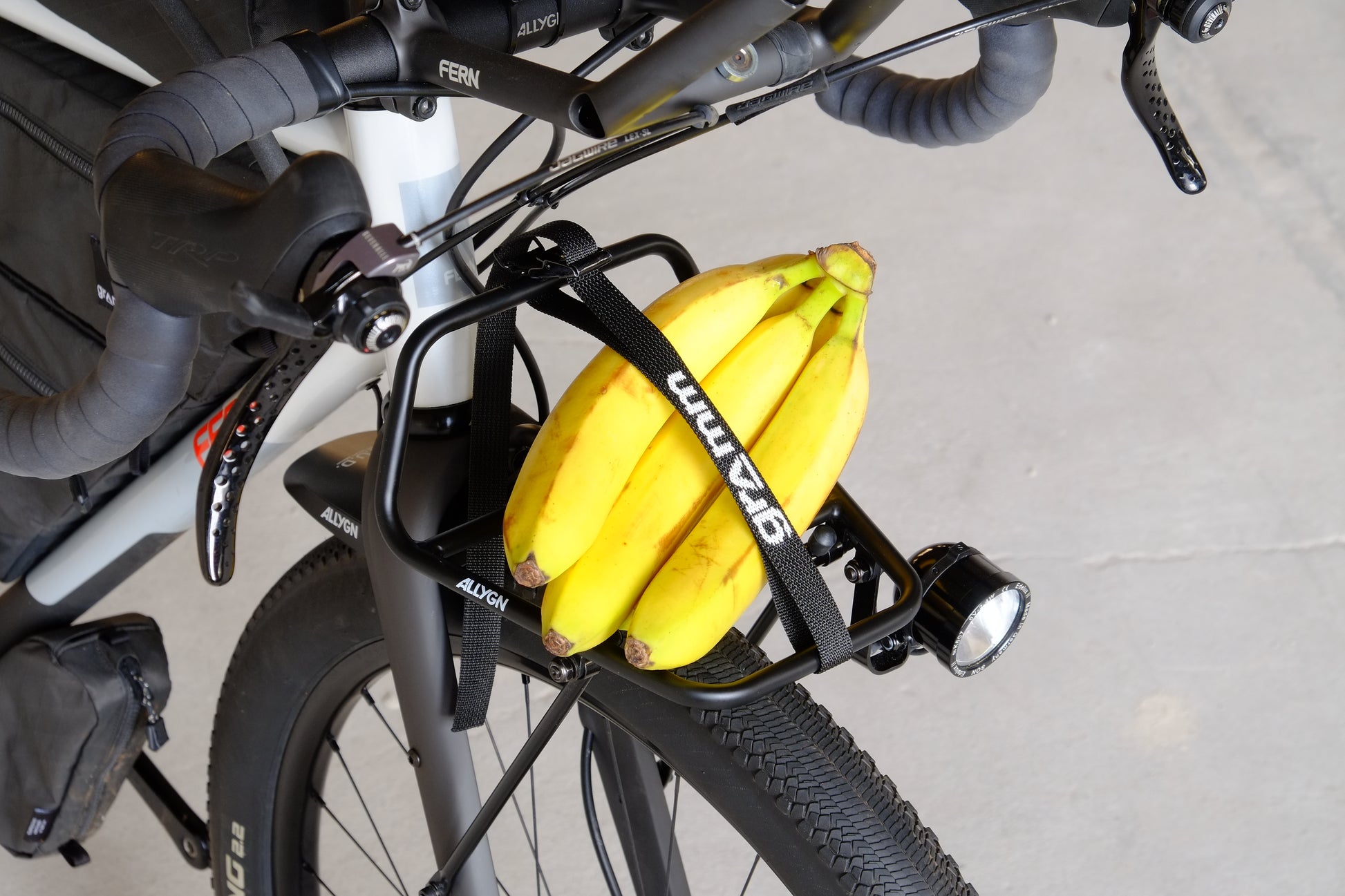 ALLYGN Diamond Front Rack on a bikepacking bike with a banana – side perspective